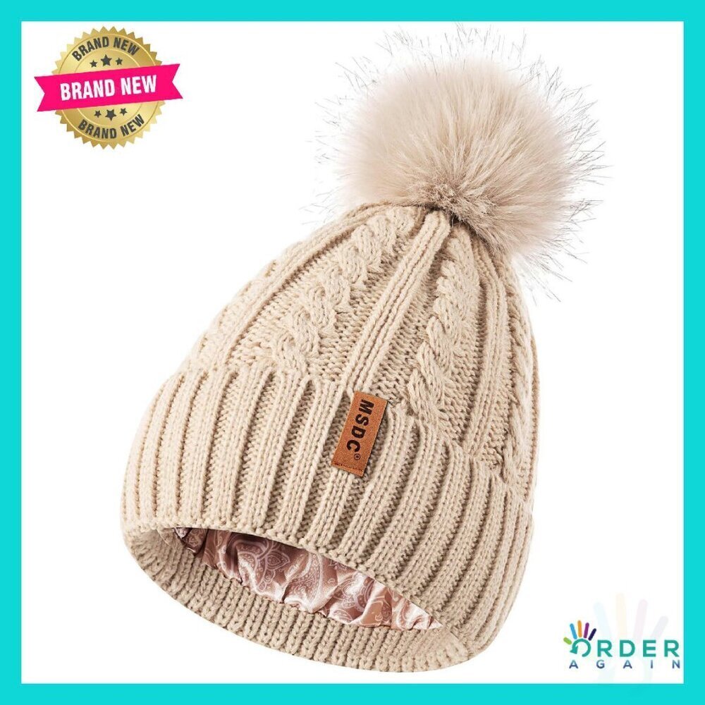 Satin Lined Beanie with Pom Pom Warm Winter Hat Silk Lined Knit Skull Cap